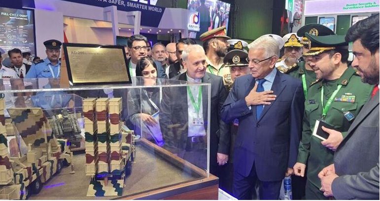 Khawaja Muhammad Asif at IDEAS-2024 Expo on Iranian Stall