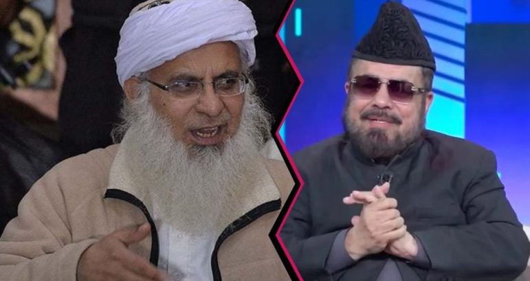 Burqa-clad Maulvi Abdul Aziz points a gun at the colorful Mufti Abdul Qavi