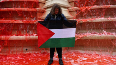 Paris fountain turned red to symbolize massacre in Palestine